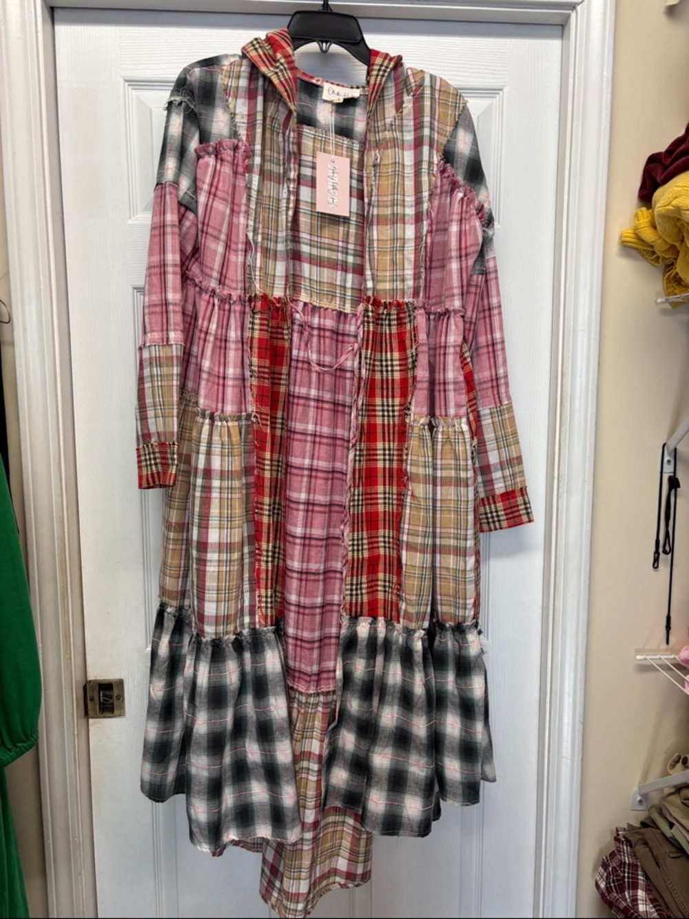 Oli & Hali Plaid Patchwork Tie Front Hooded Duster in Pink, Tan & Green New Sz S - Picture 3 of 6